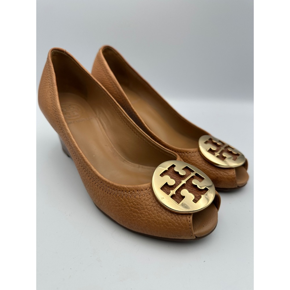Tory Burch Sally Gold Peep Toe Wedge Heels Shoes Royal Tan‎ Leather 6.5 Designer - Picture 4 of 12
